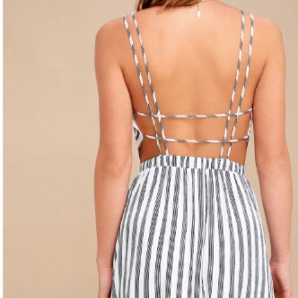 NEW Lulus Oceanside Adventure White Striped Backless Skater Dress - Picture 3 of 4
